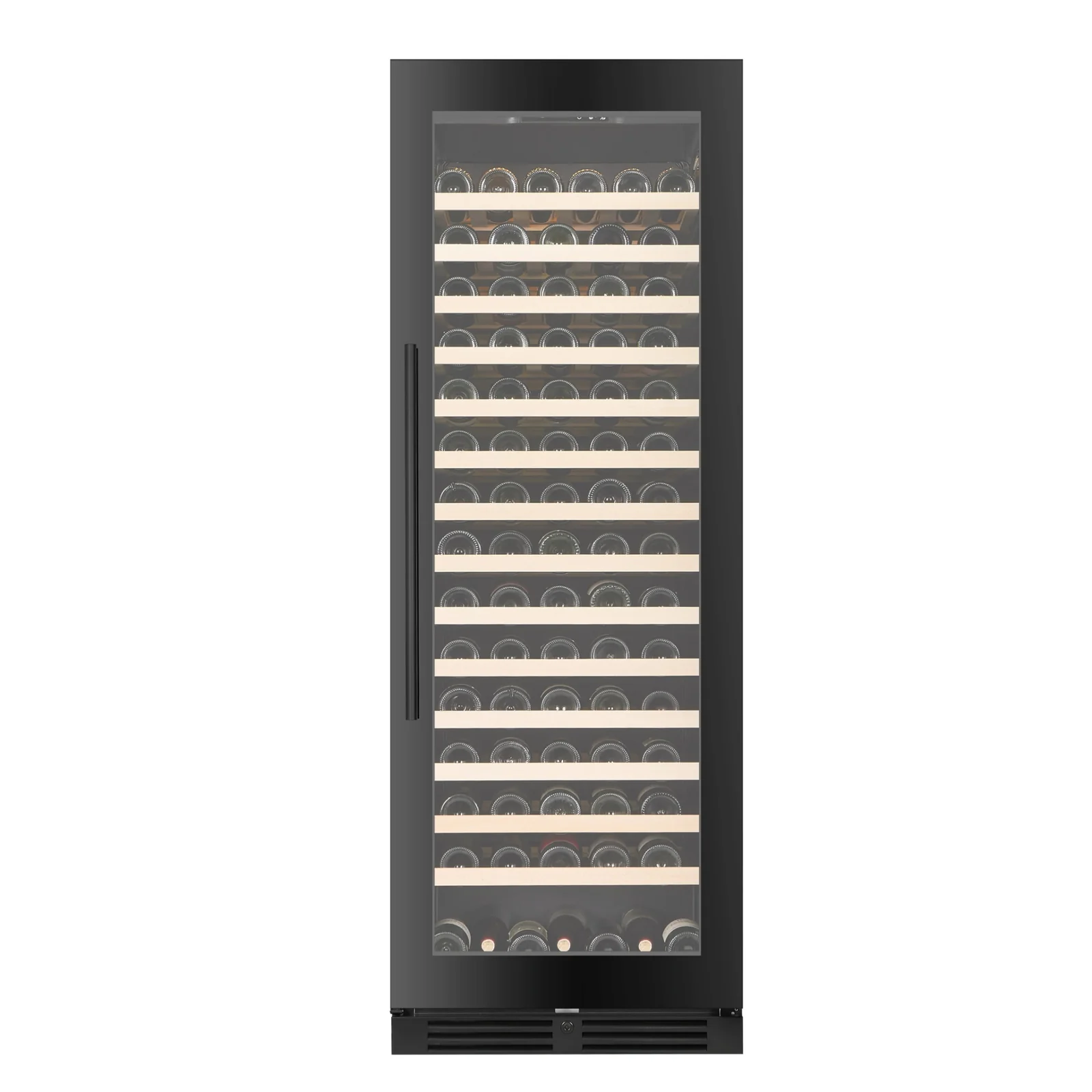 Vantaggio V164 single-zone wine cabinet with a black frame, glass door and beech wood shelves filled with wine bottles