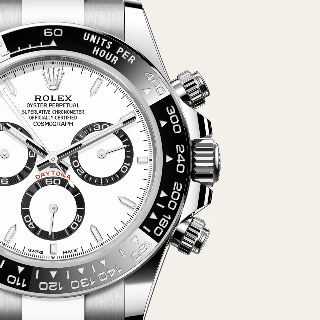 Close-up of the Rolex Daytona white dial, black Cerachrom tachymeter bezel and chronograph pushers